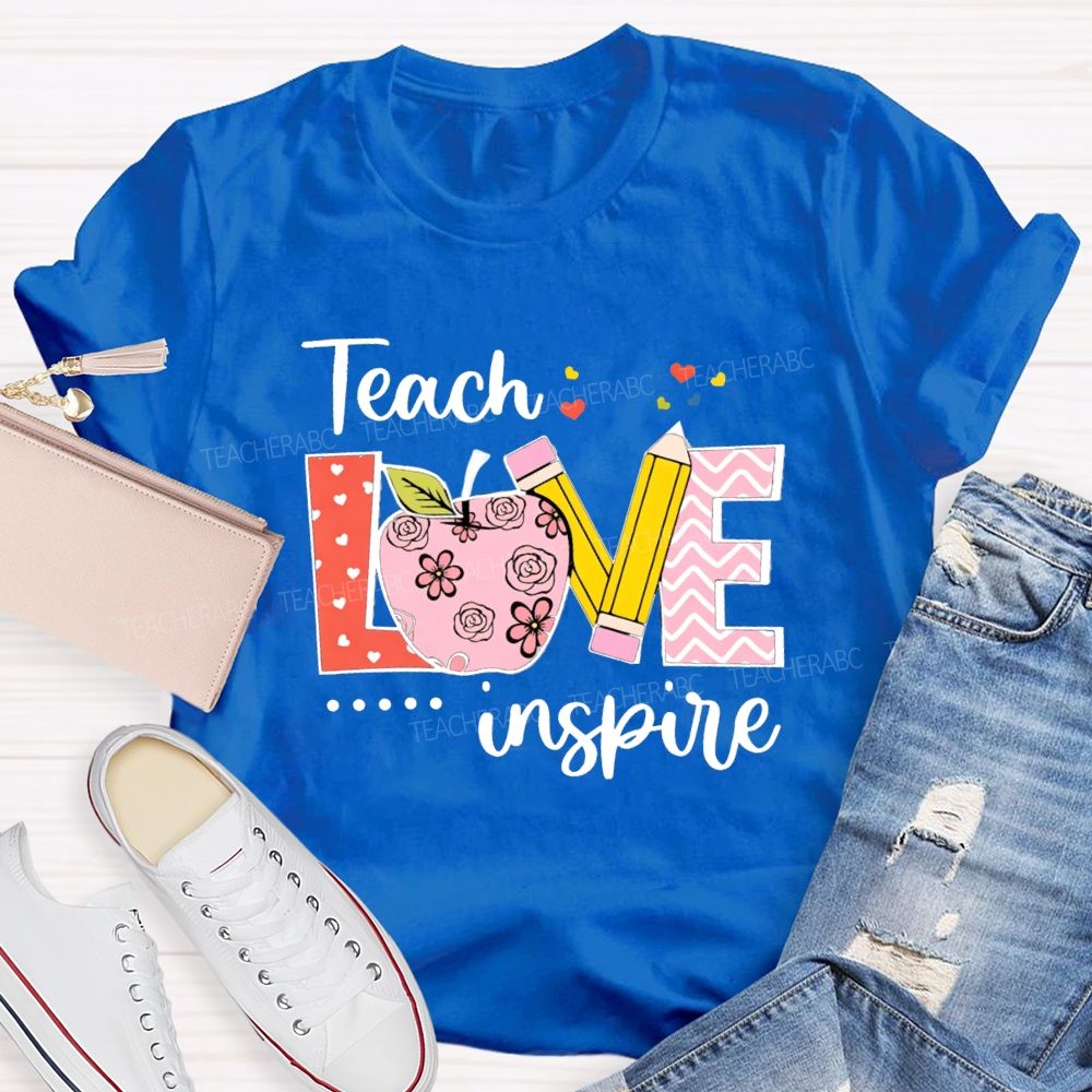 Teach Love Inspire Pink Heart Apple Teacher T-Shirt