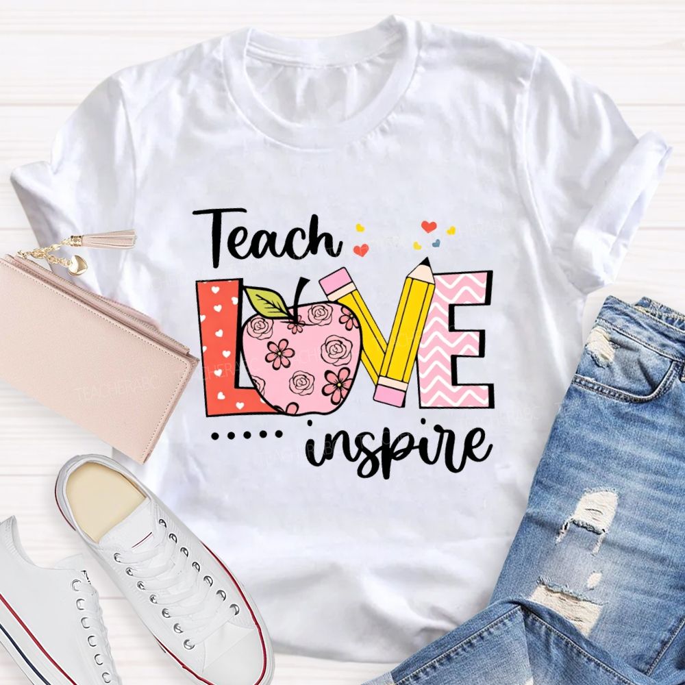 Teach Love Inspire Pink Heart Apple Teacher T-Shirt