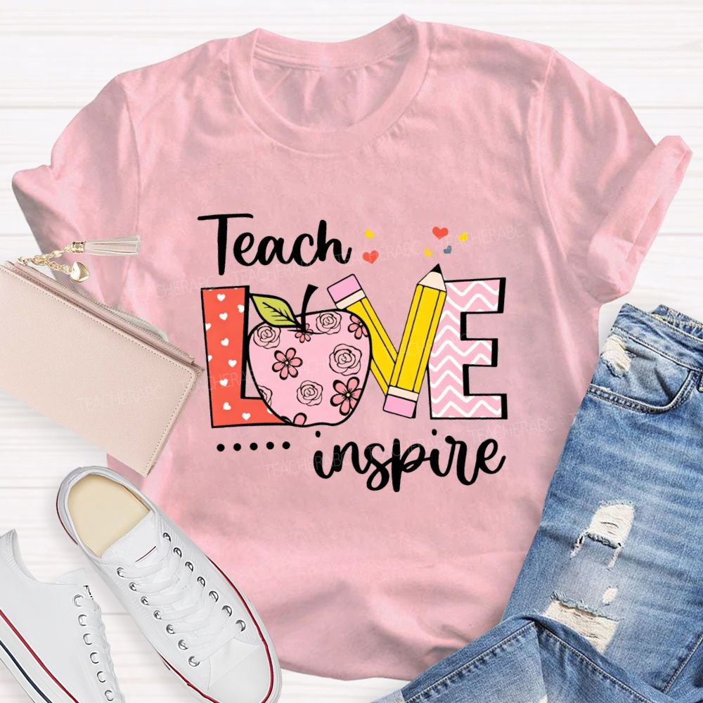 Teach Love Inspire Pink Heart Apple Teacher T-Shirt