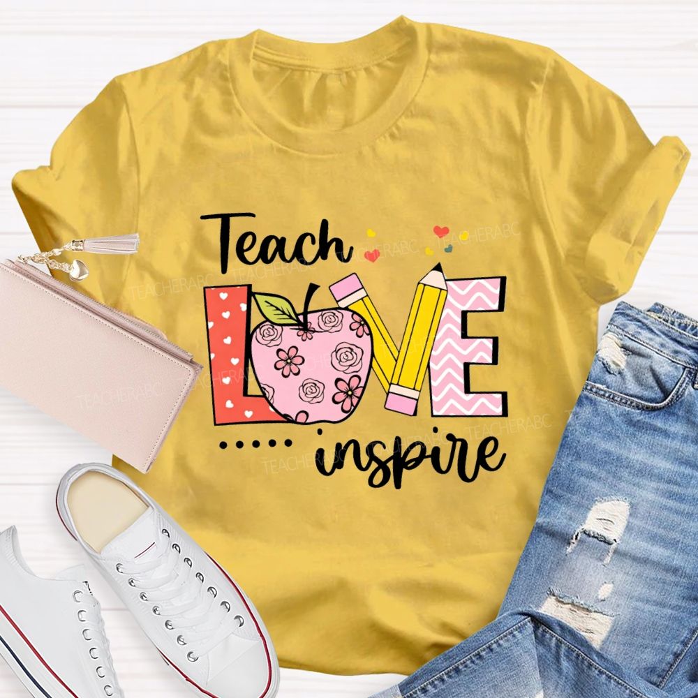 Teach Love Inspire Pink Heart Apple Teacher T-Shirt
