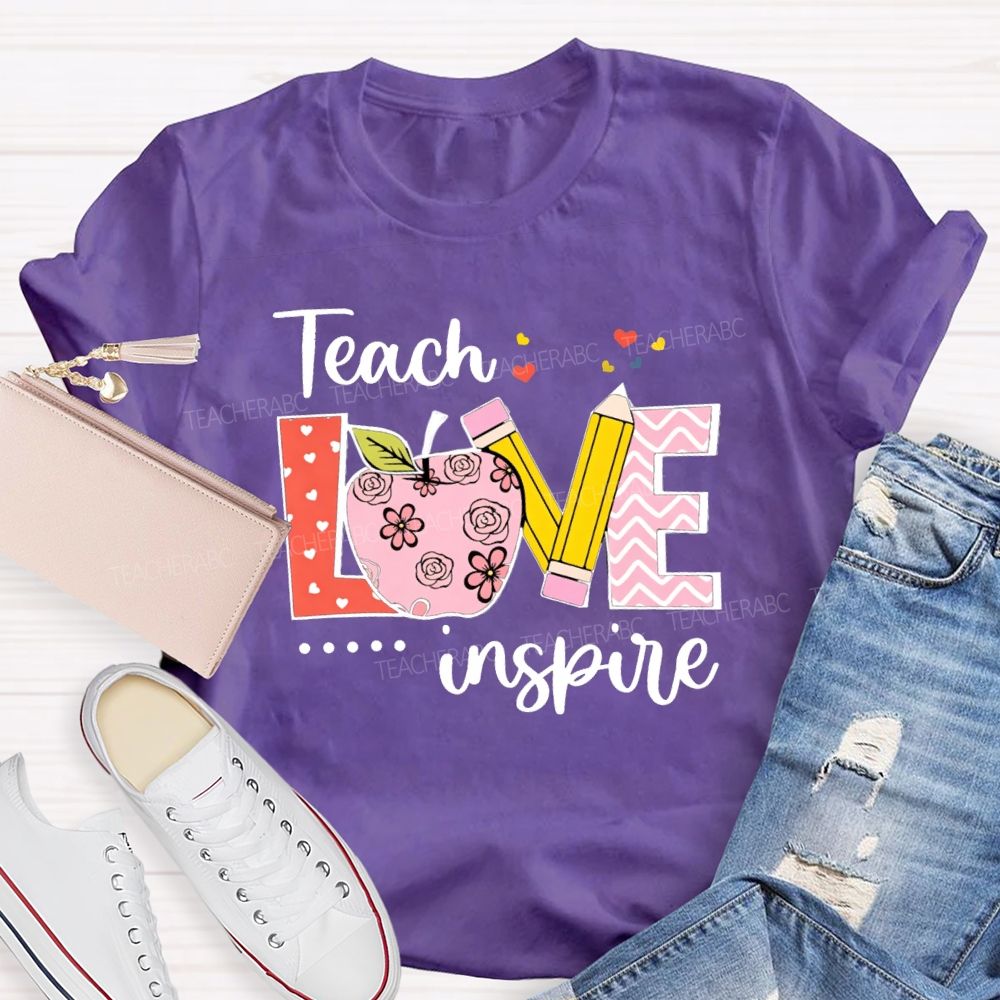 Teach Love Inspire Pink Heart Apple Teacher T-Shirt