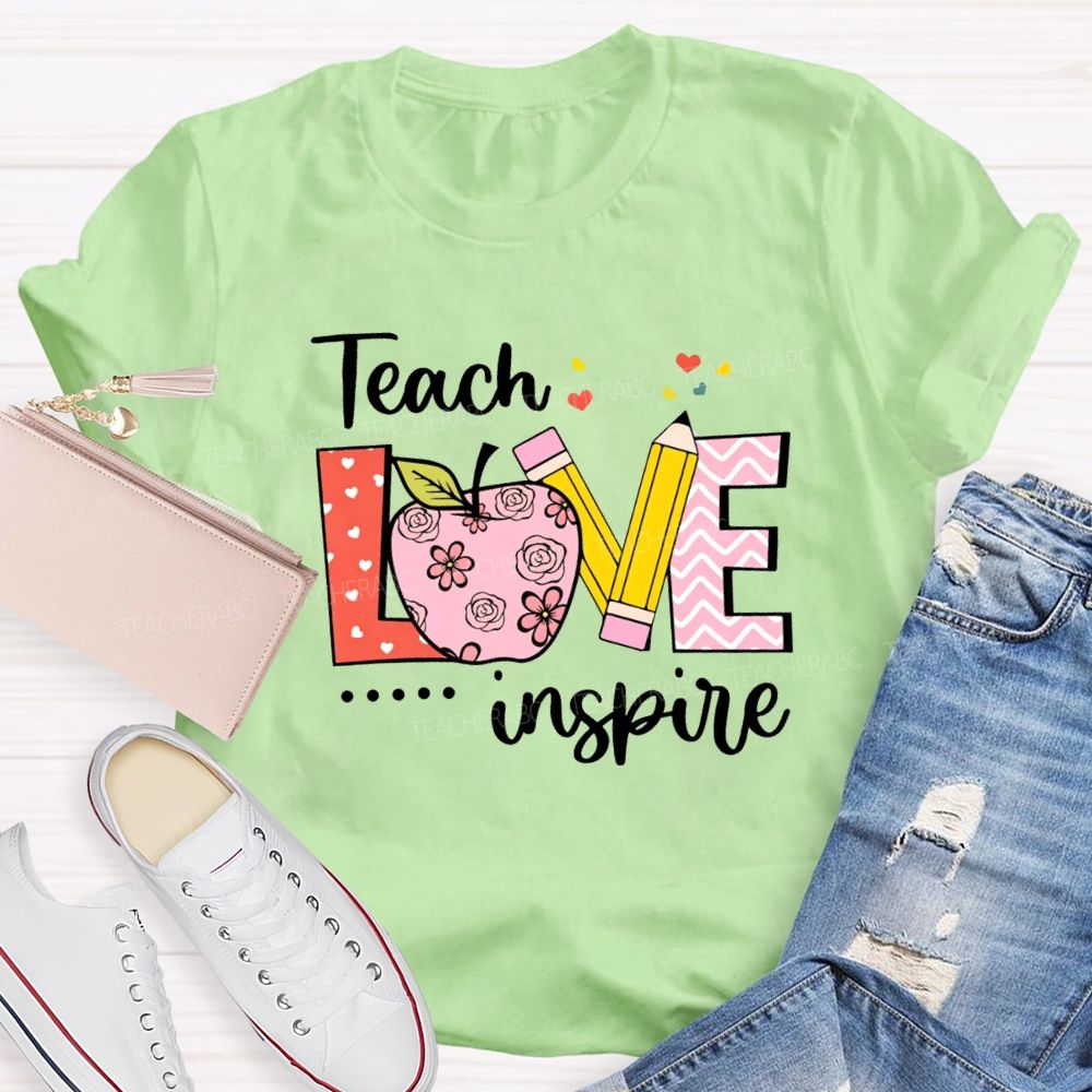 Teach Love Inspire Pink Heart Apple Teacher T-Shirt