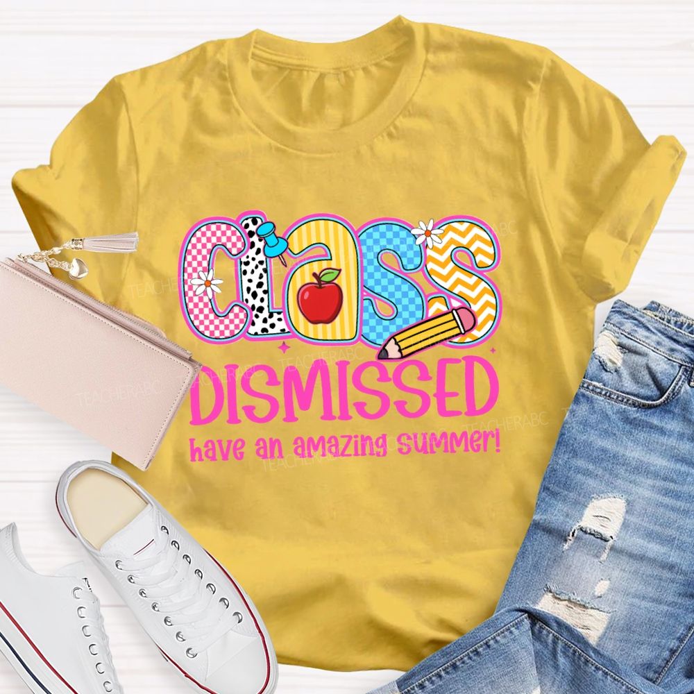 Class Dismissed Have An Amazing Summer Pink Plaid Print Teacher T-shirt