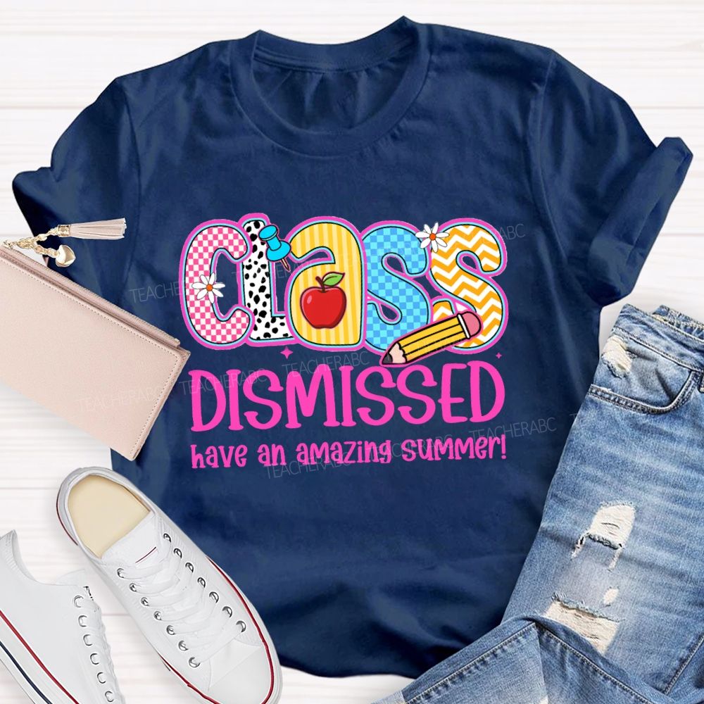 Class Dismissed Have An Amazing Summer Pink Plaid Print Teacher T-shirt