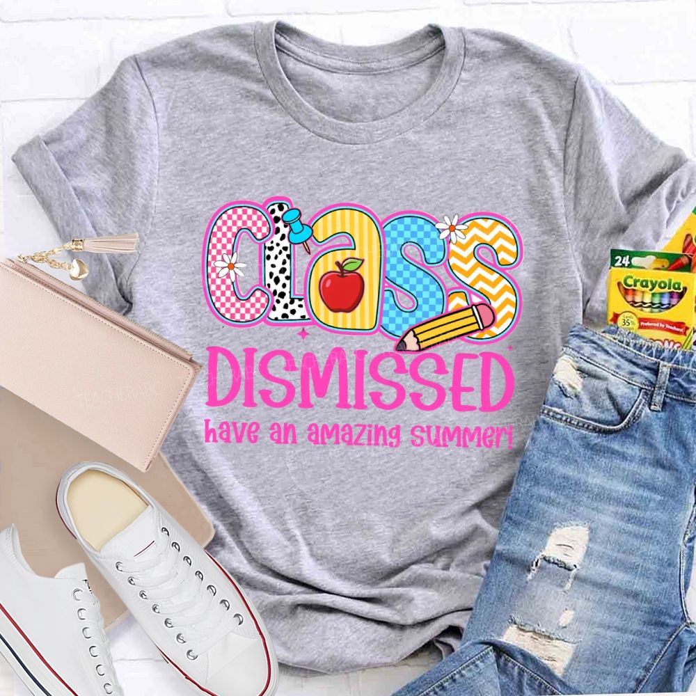 Class Dismissed Have An Amazing Summer Pink Plaid Print Teacher T-shirt