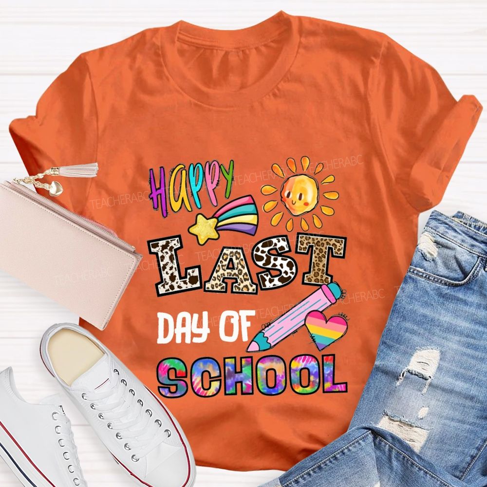 Happy Last Day Of School Leopard Print And Tie-Dye Fonts Teacher T-shirt