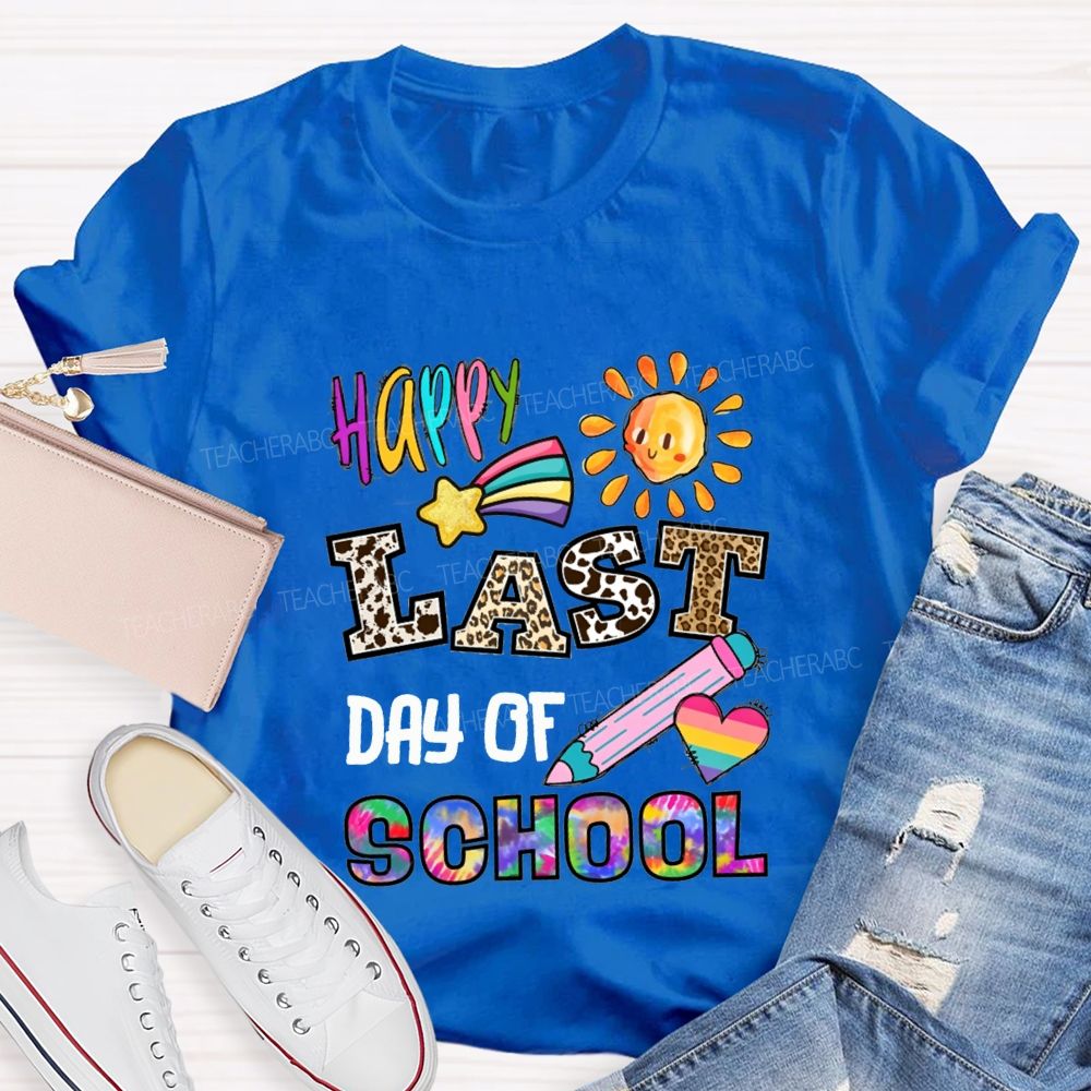 Happy Last Day Of School Leopard Print And Tie-Dye Fonts Teacher T-shirt