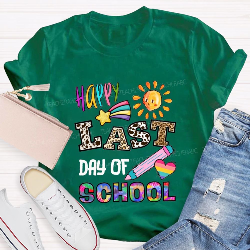 Happy Last Day Of School Leopard Print And Tie-Dye Fonts Teacher T-shirt
