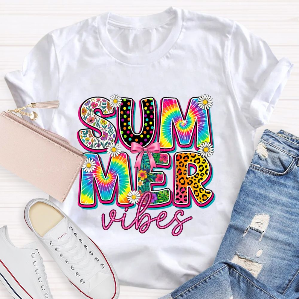 Summer Vibes Colorful Tie-Dye Font Teacher T-shirt