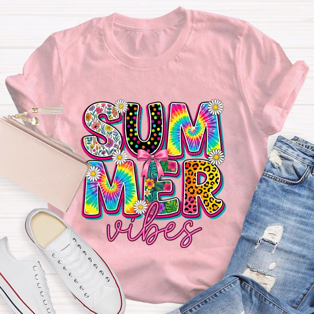 Summer Vibes Colorful Tie-Dye Font Teacher T-shirt
