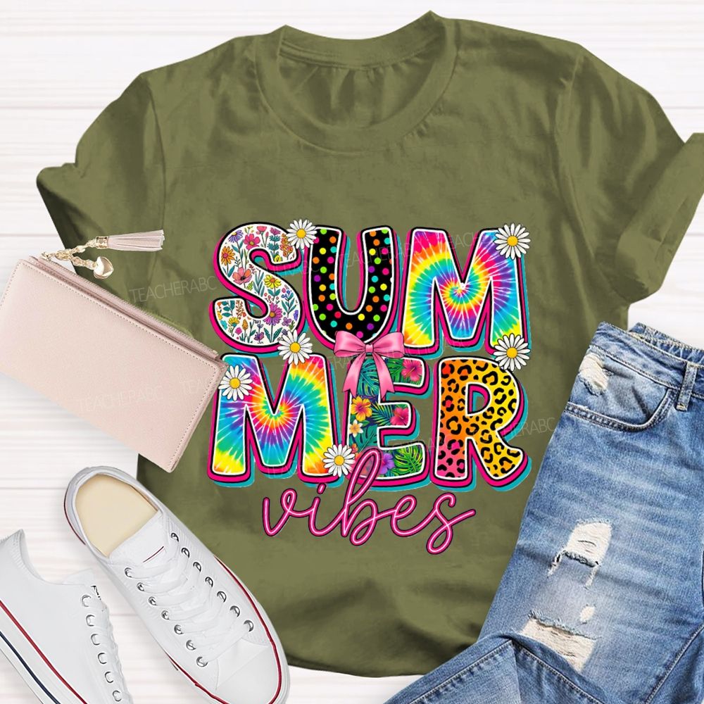 Summer Vibes Colorful Tie-Dye Font Teacher T-shirt