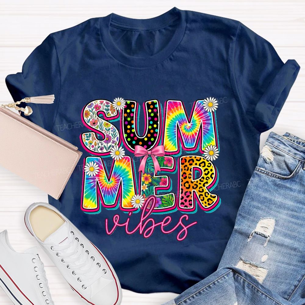 Summer Vibes Colorful Tie-Dye Font Teacher T-shirt