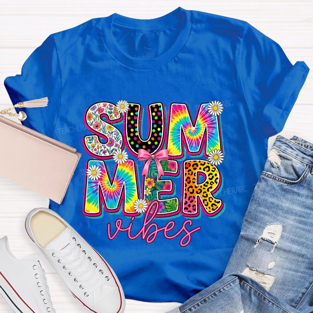Summer Vibes Colorful Tie-Dye Font Teacher T-shirt