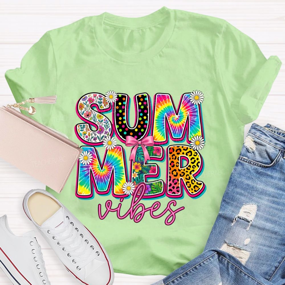 Summer Vibes Colorful Tie-Dye Font Teacher T-shirt