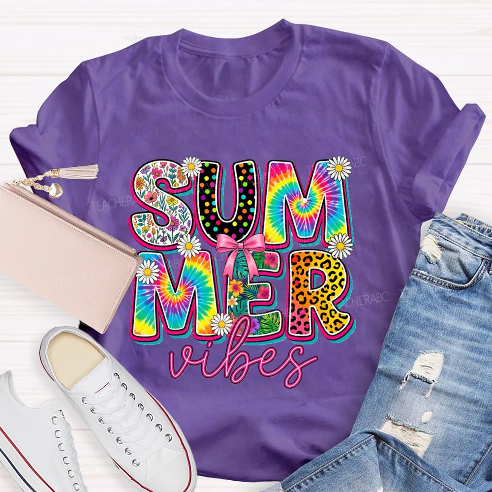 Summer Vibes Colorful Tie-Dye Font Teacher T-shirt