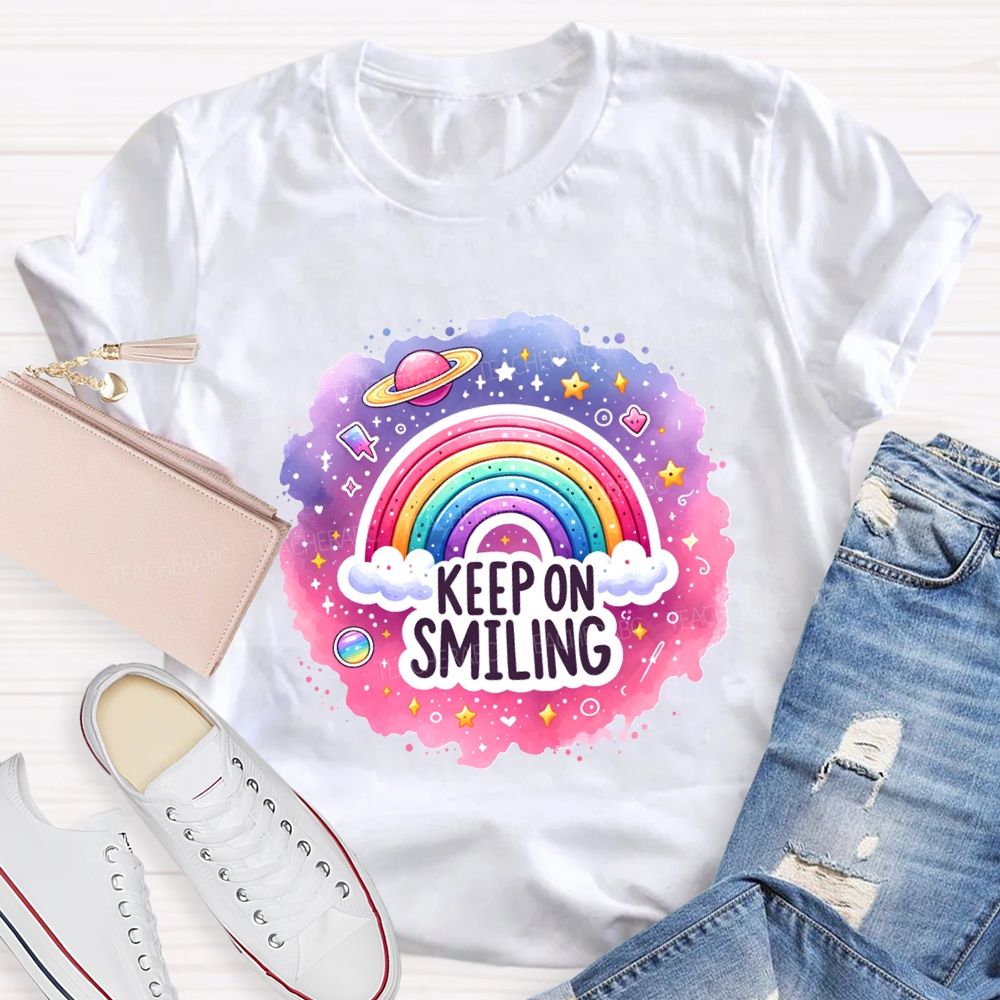 Keep On Smiling Rainbow Print Teacher T-shirt