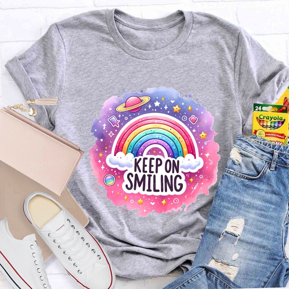 Keep On Smiling Rainbow Print Teacher T-shirt