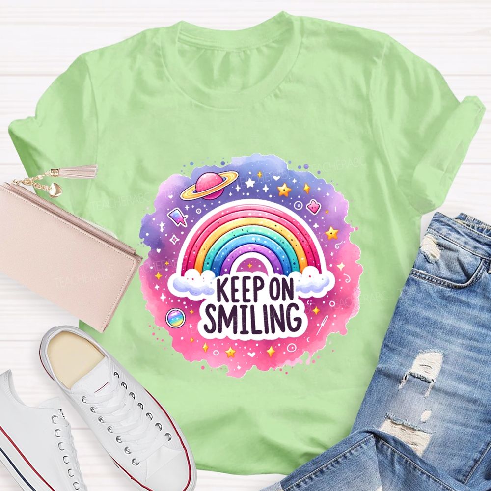 Keep On Smiling Rainbow Print Teacher T-shirt