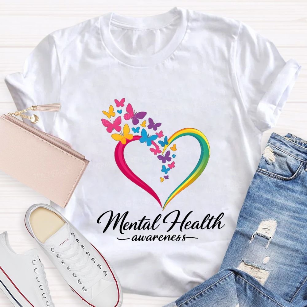 Mental Health Awareness Hearts And Butterflies Teacher T-shirt