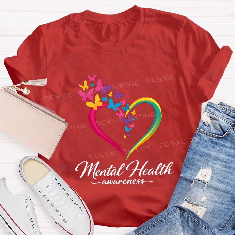 Mental Health Awareness Hearts And Butterflies Teacher T-shirt