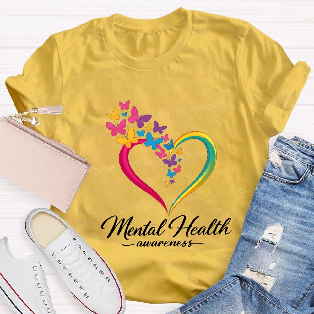 Mental Health Awareness Hearts And Butterflies Teacher T-shirt