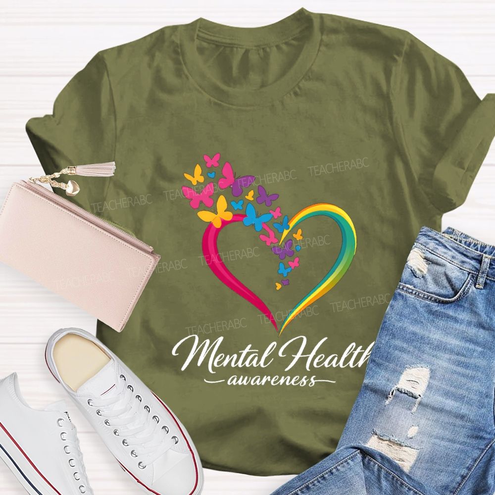 Mental Health Awareness Hearts And Butterflies Teacher T-shirt