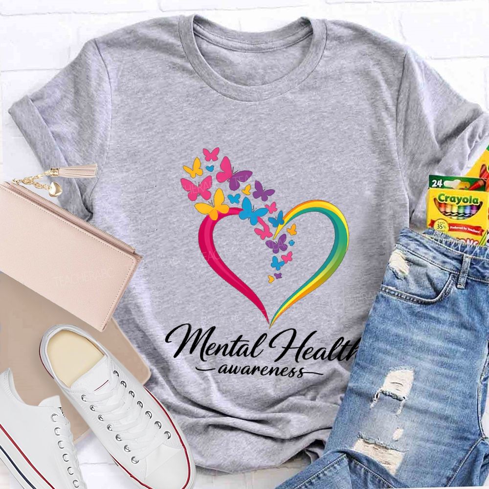 Mental Health Awareness Hearts And Butterflies Teacher T-shirt
