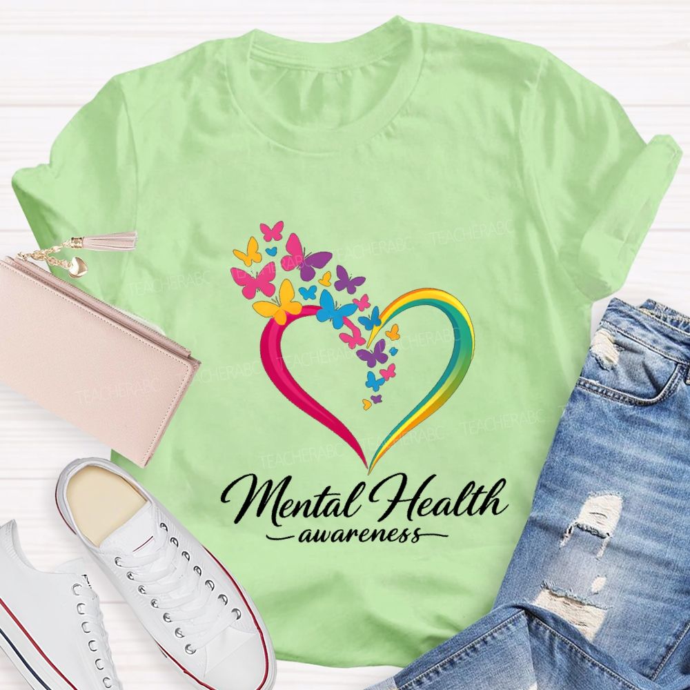 Mental Health Awareness Hearts And Butterflies Teacher T-shirt
