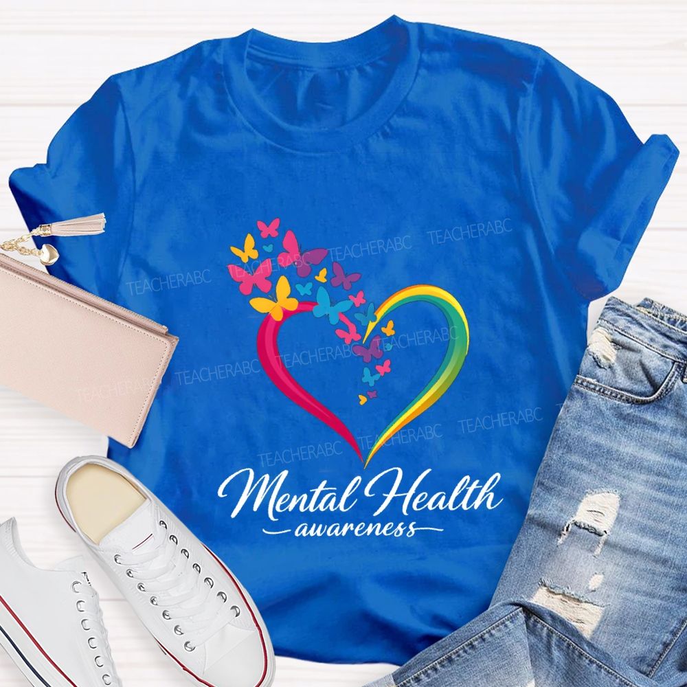 Mental Health Awareness Hearts And Butterflies Teacher T-shirt