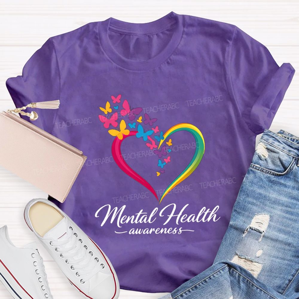 Mental Health Awareness Hearts And Butterflies Teacher T-shirt