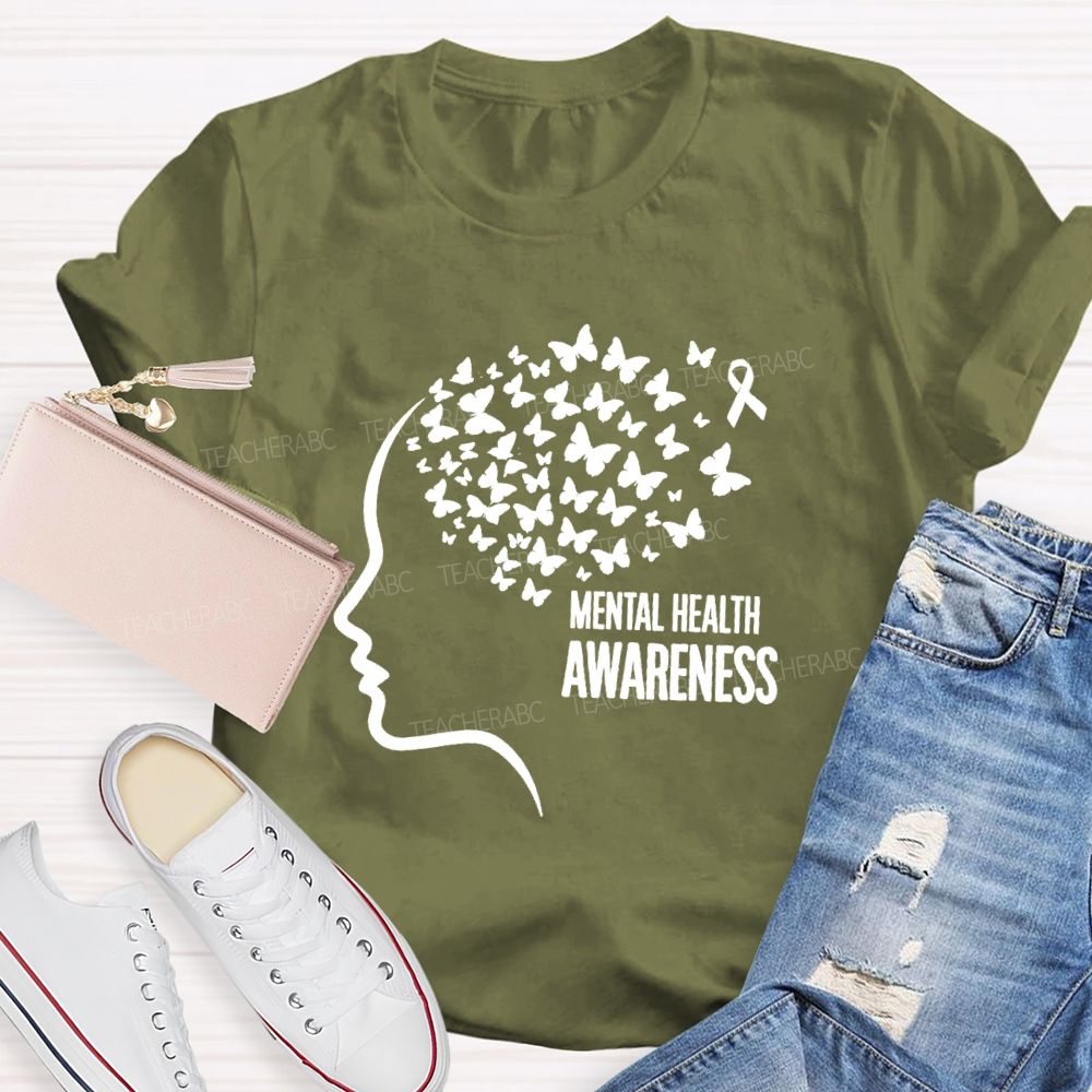 Mental Health Awareness Butterfly Human Brain Teacher T-Shirt