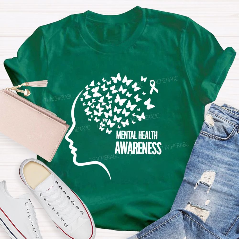 Mental Health Awareness Butterfly Human Brain Teacher T-Shirt