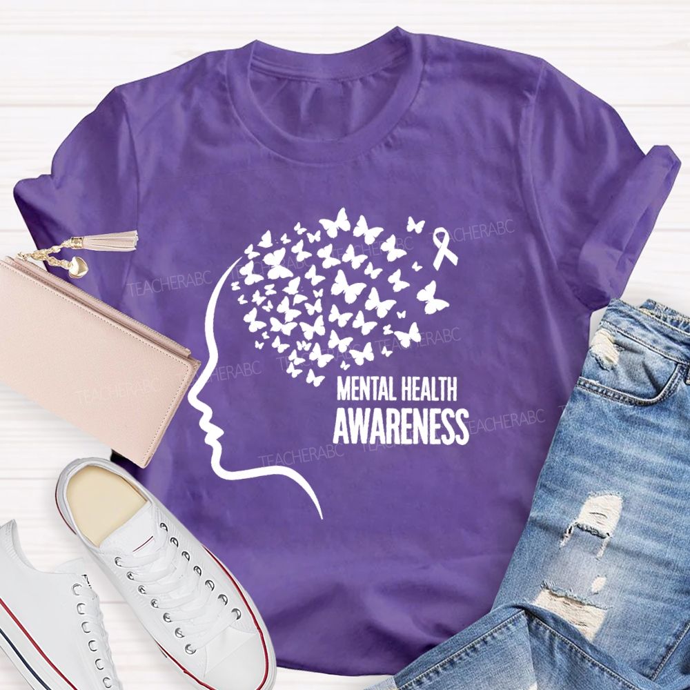 Mental Health Awareness Butterfly Human Brain Teacher T-Shirt