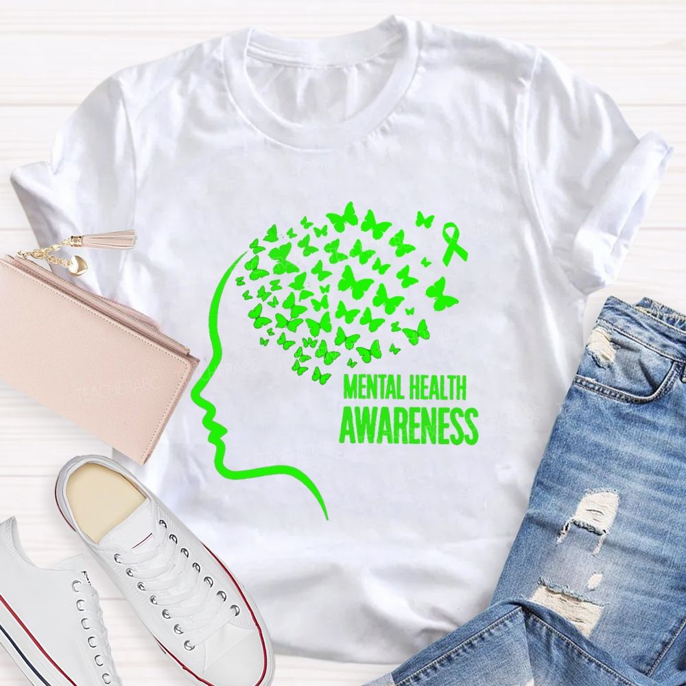 Mental Health Awareness Butterfly Human Brain Teacher T-Shirt