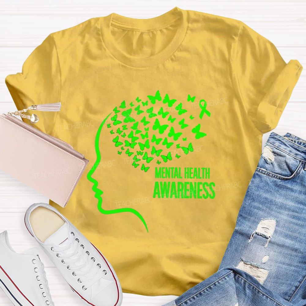 Mental Health Awareness Butterfly Human Brain Teacher T-Shirt