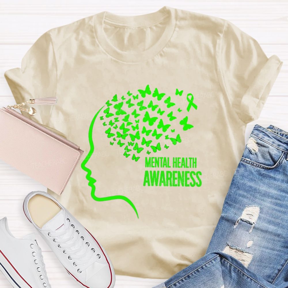 Mental Health Awareness Butterfly Human Brain Teacher T-Shirt