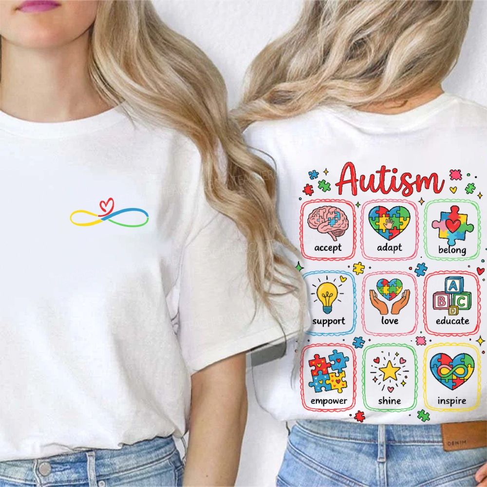 Autism Awareness Accept  Adapt  Belong  Support  Double Printed T-shirt