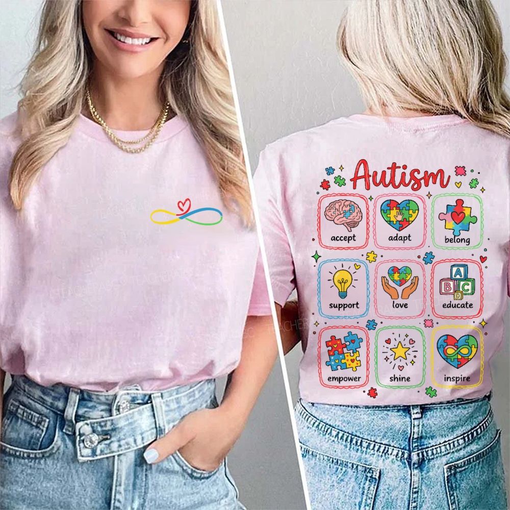 Autism Awareness Accept  Adapt  Belong  Support  Double Printed T-shirt