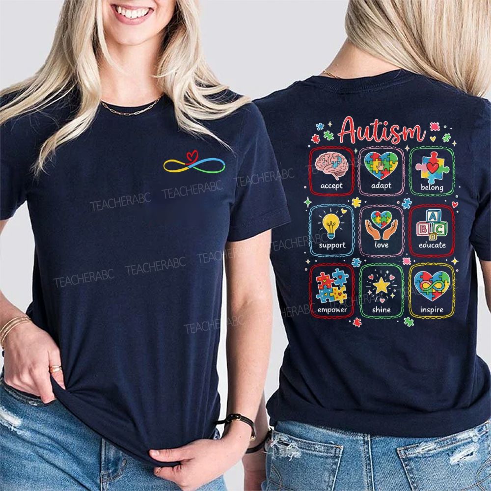 Autism Awareness Accept  Adapt  Belong  Support  Double Printed T-shirt