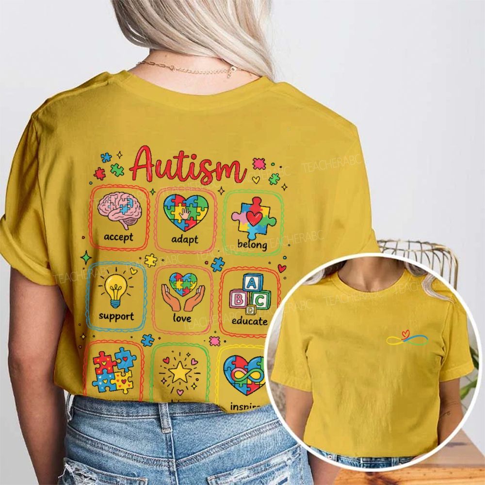 Autism Awareness Accept  Adapt  Belong  Support  Double Printed T-shirt