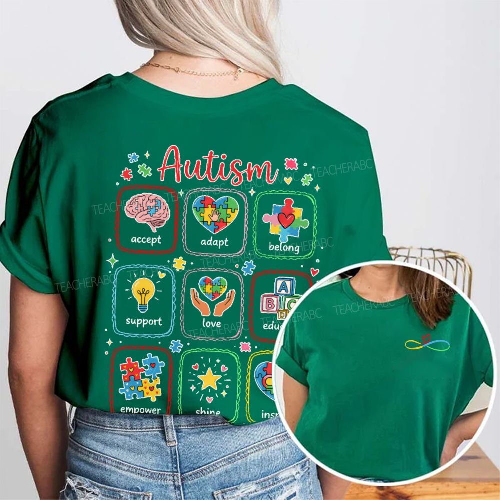 Autism Awareness Accept  Adapt  Belong  Support  Double Printed T-shirt