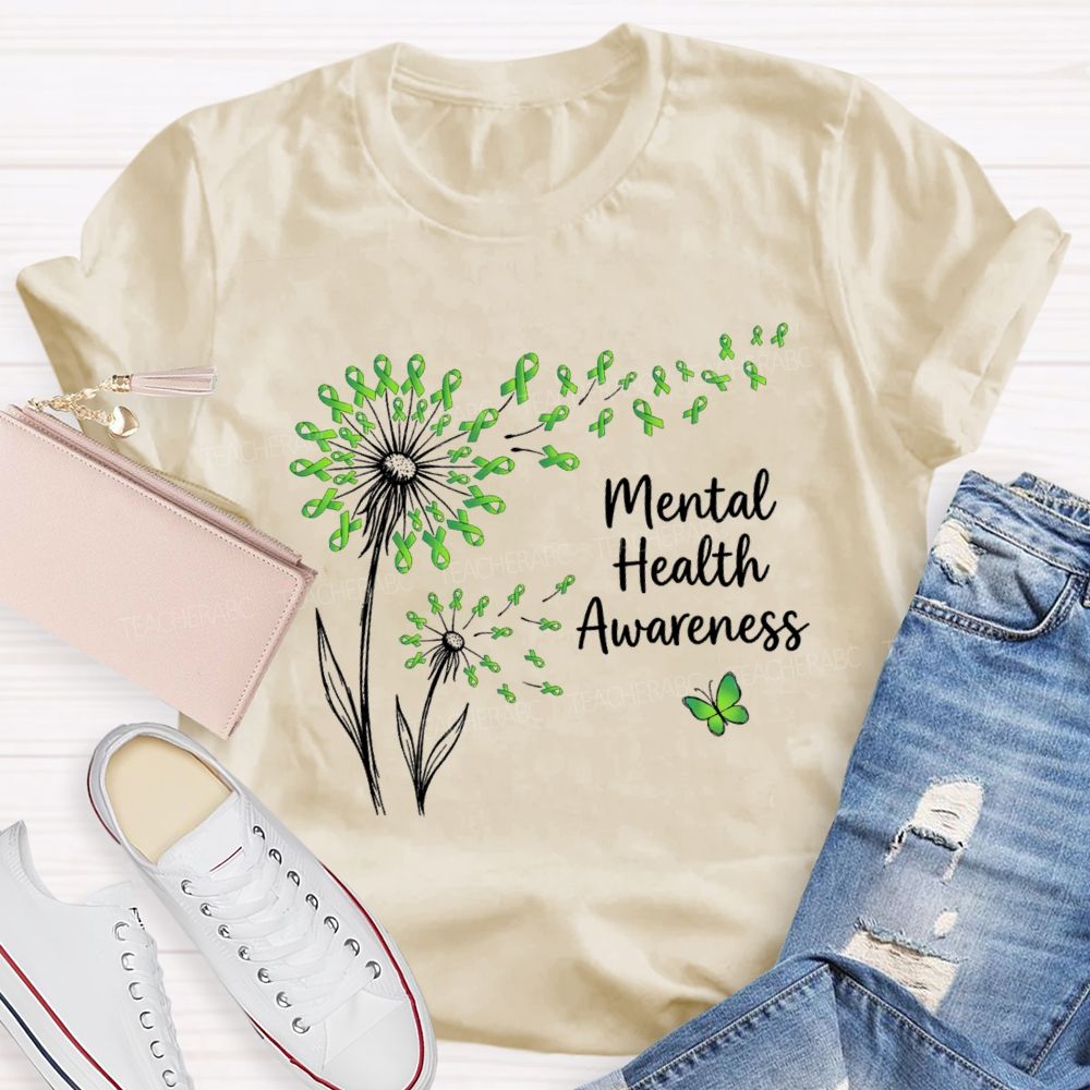 Mental Health Awareness Dandelion Green Ribbon Teacher T-Shirt