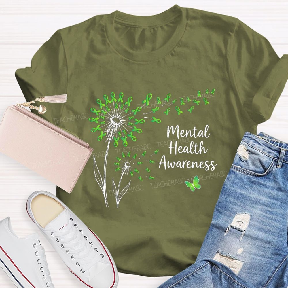Mental Health Awareness Dandelion Green Ribbon Teacher T-Shirt