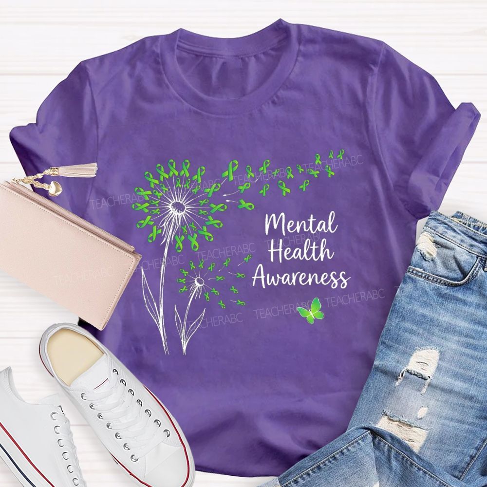 Mental Health Awareness Dandelion Green Ribbon Teacher T-Shirt