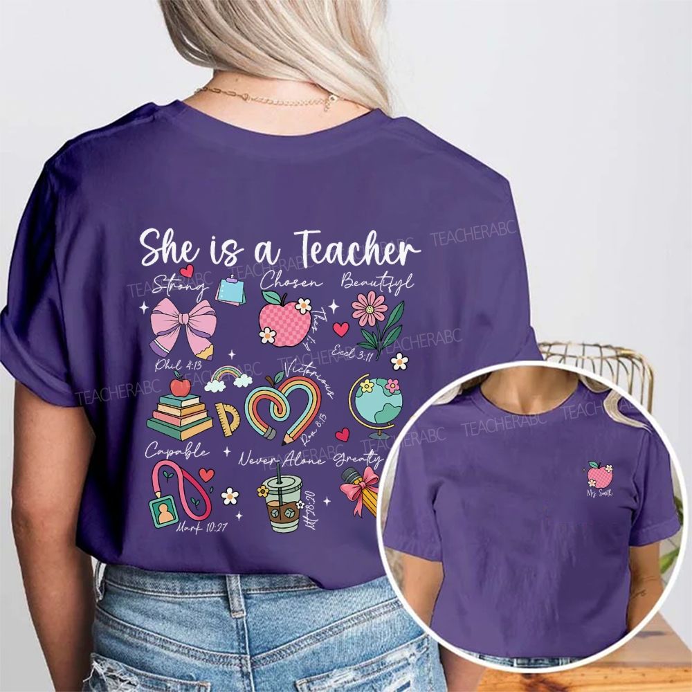 Personalized Name She Is A Teacher Strong Beautiful Double Printed T-shirt