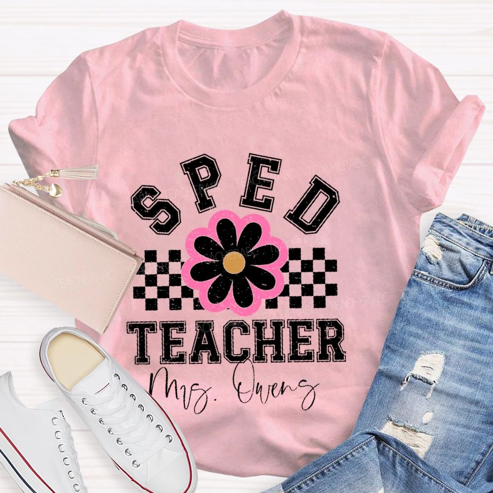 Personalized  Name  Sped Teacher Flowers Checkered  Teacher T-shirt