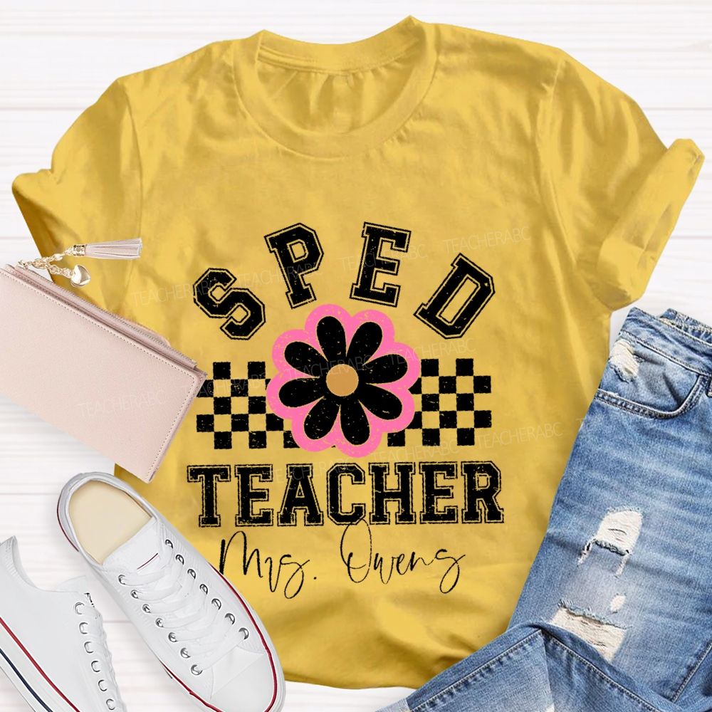 Personalized  Name  Sped Teacher Flowers Checkered  Teacher T-shirt