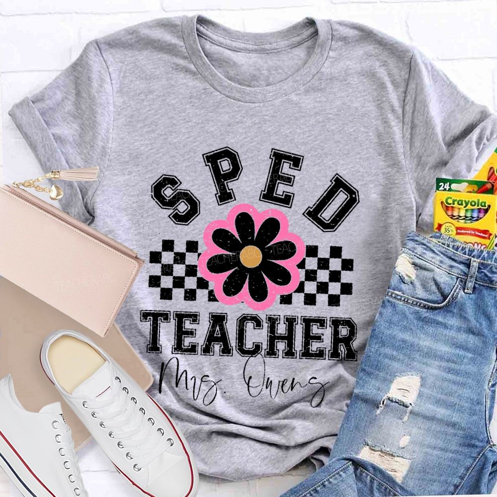 Personalized  Name  Sped Teacher Flowers Checkered  Teacher T-shirt