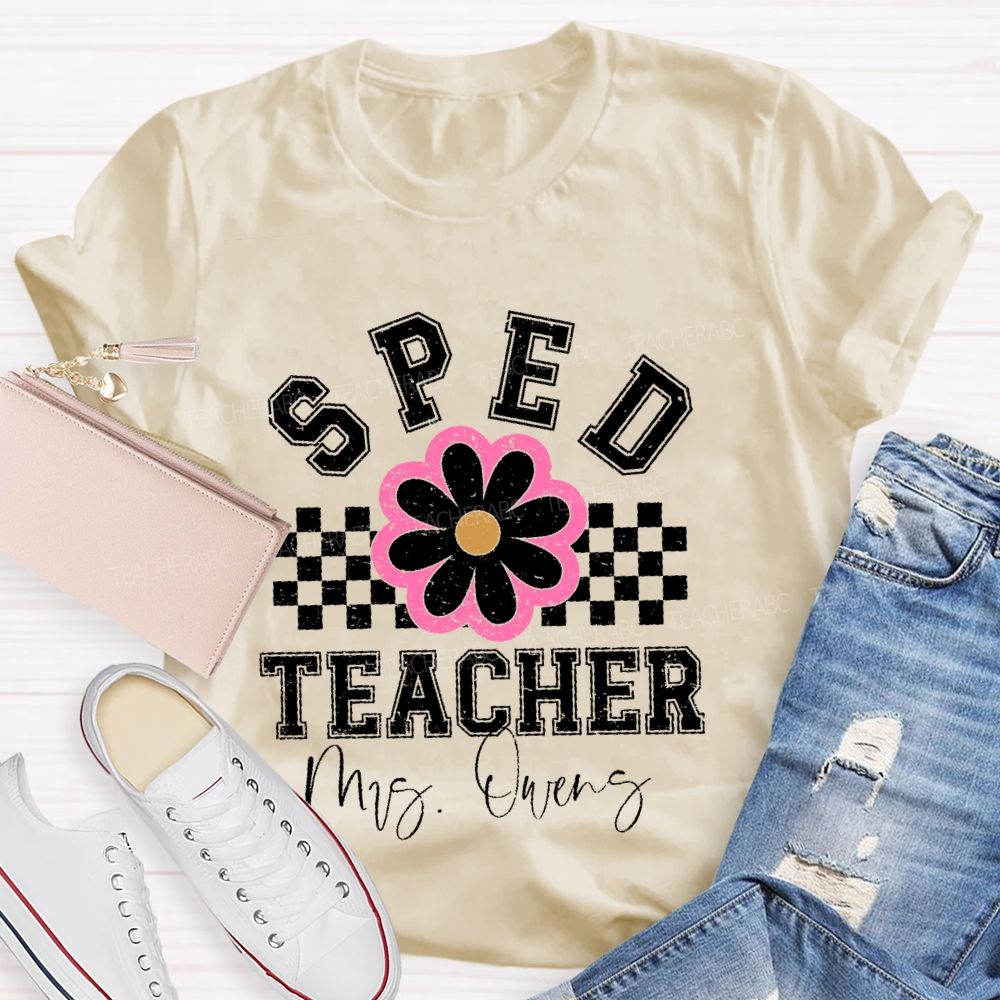 Personalized  Name  Sped Teacher Flowers Checkered  Teacher T-shirt