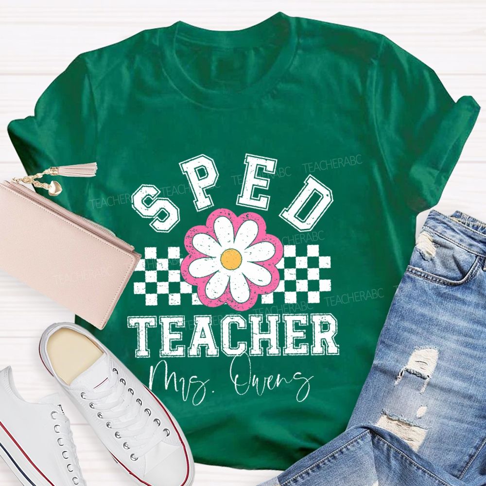 Personalized  Name  Sped Teacher Flowers Checkered  Teacher T-shirt